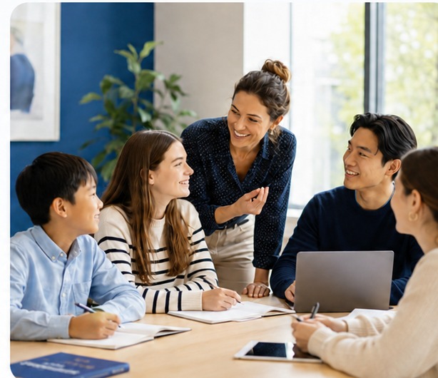 Lezione di inglese in un ambiente luminoso e collaborativo